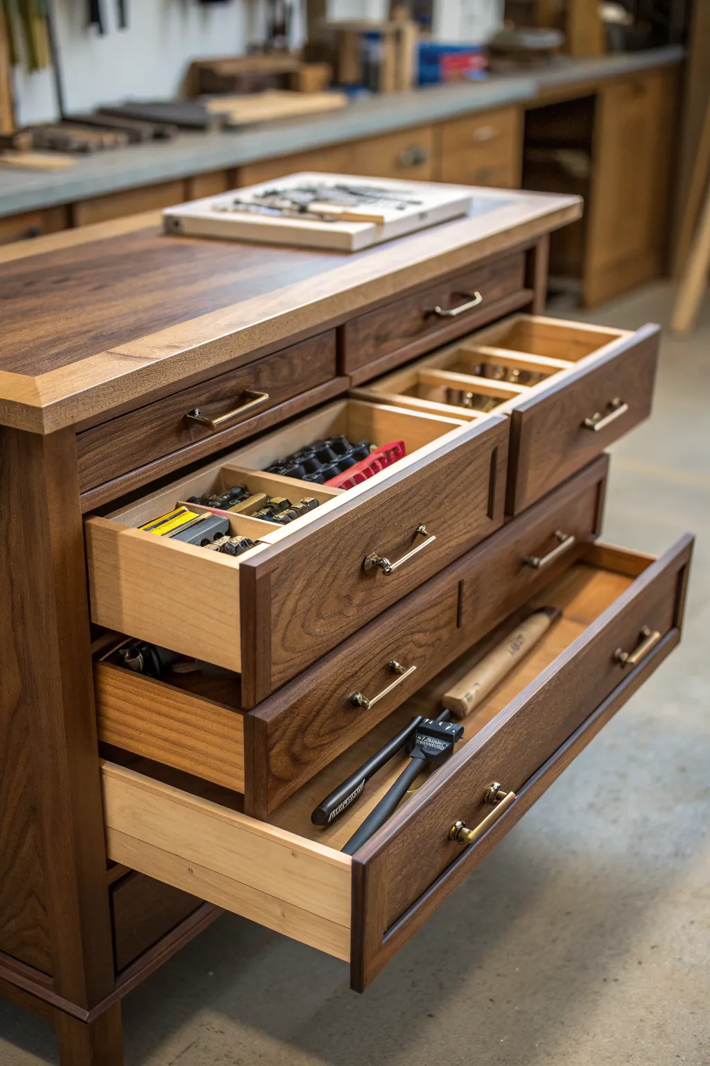 Elevate your workspace with custom under-bench storage: a perfect blend of functionality and craftsmanship.