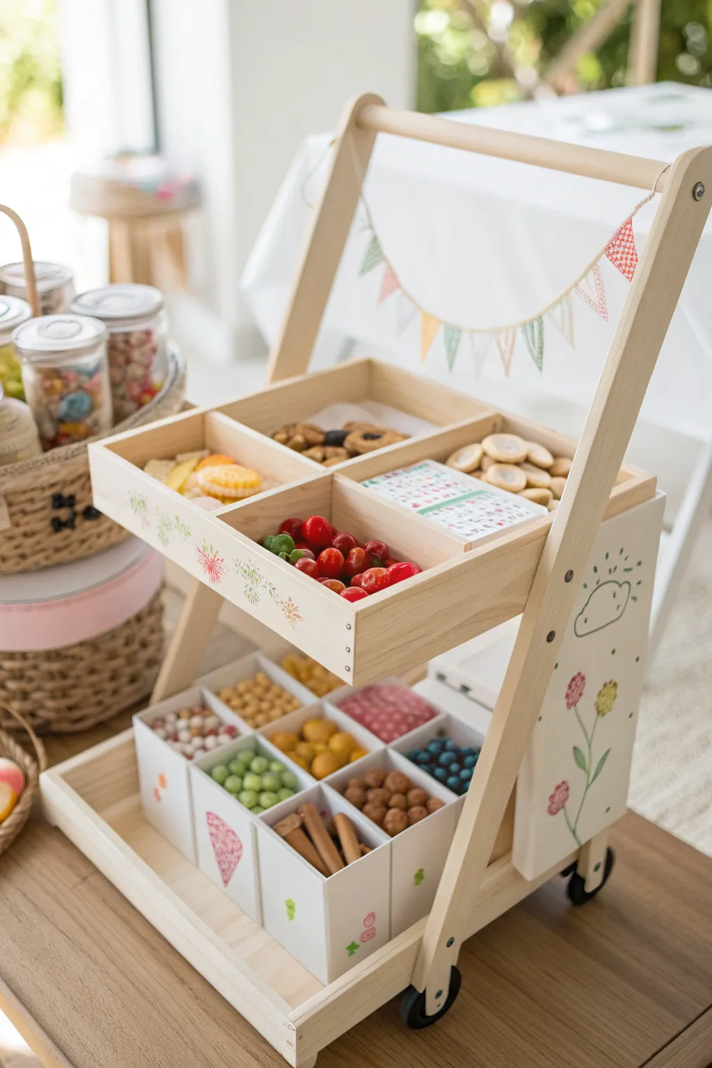Unleash creativity and make snack time a delightful adventure with this charming kids' snack cart craft corner!