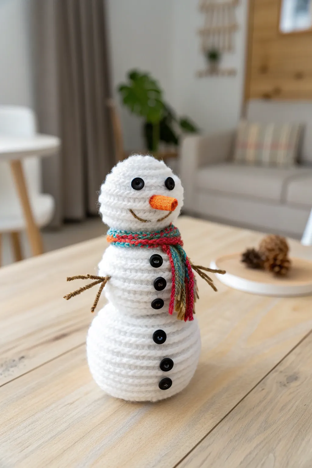 Crafting joy: A whimsical pipe cleaner snowman that brings color and charm to minimalist spaces.