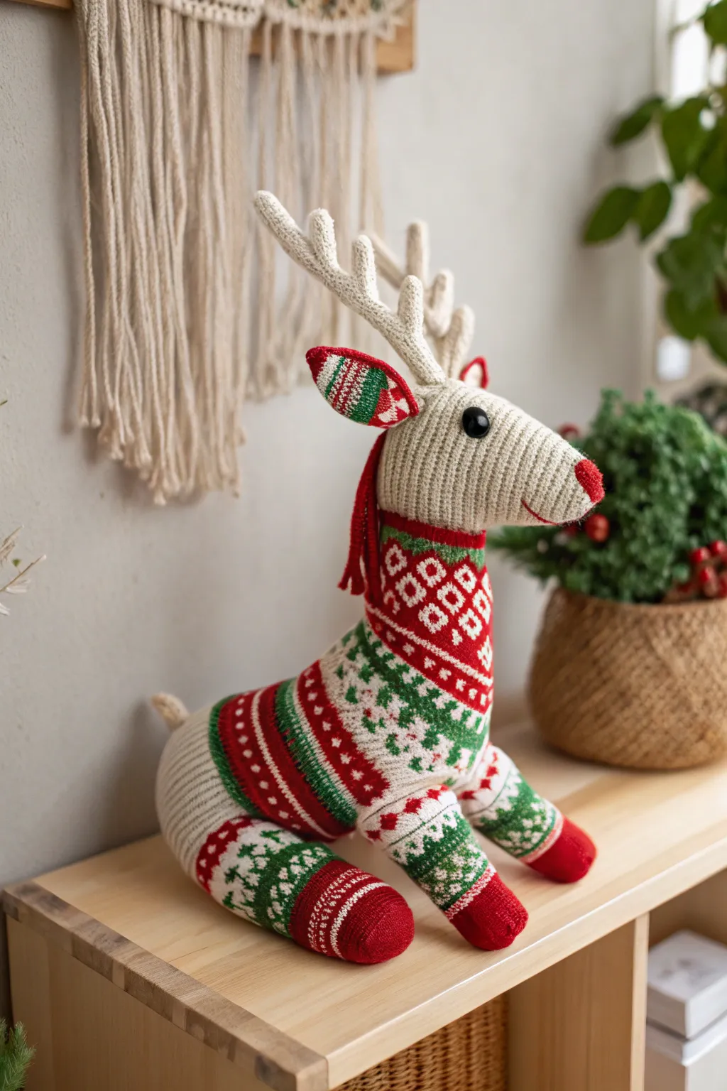 Bring holiday cheer to your decor with a charming reindeer sock plushie, beautifully handcrafted for a festive touch.