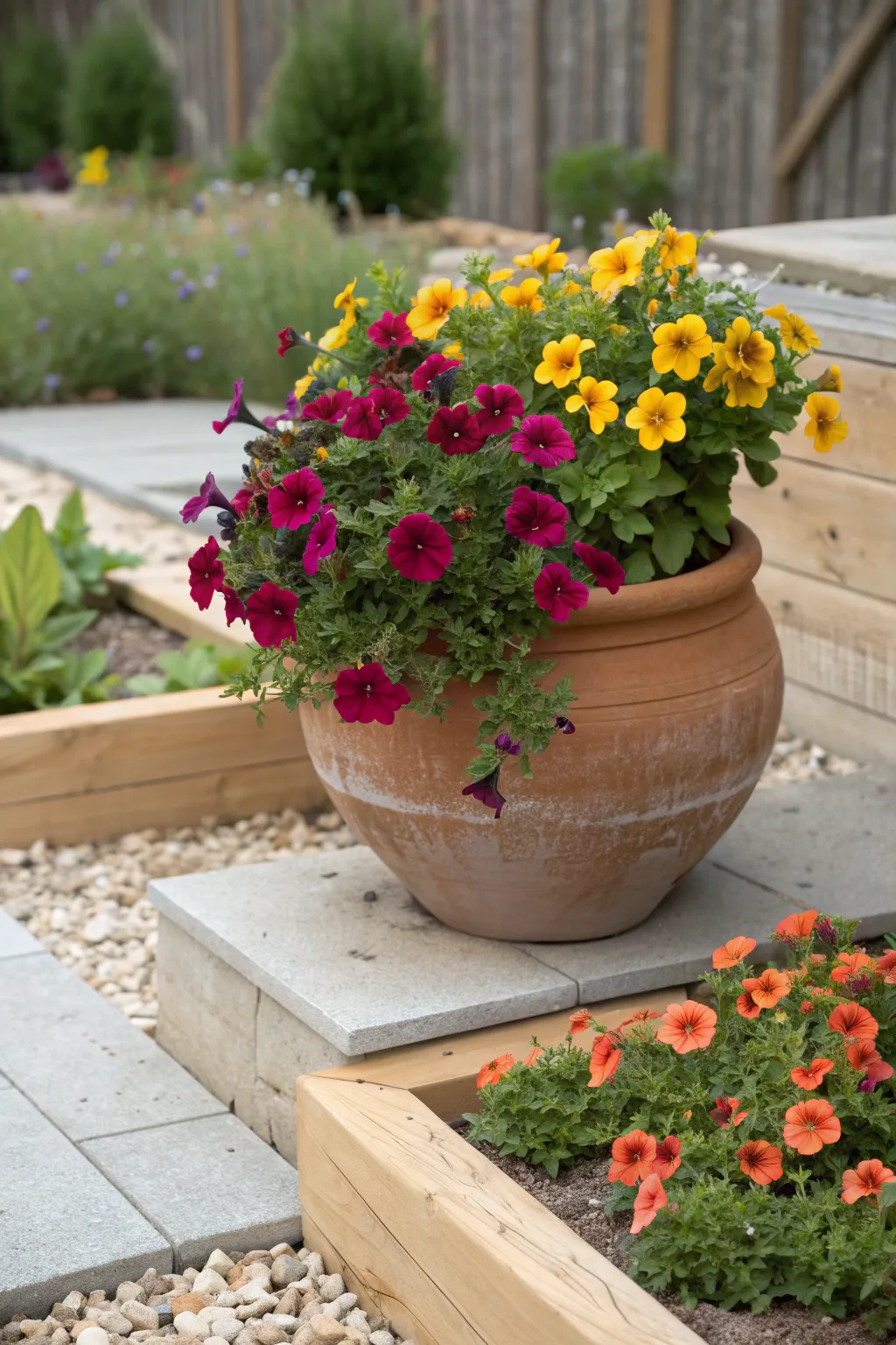 Transform your garden into a charming sanctuary with a cascade of vibrant blooms from a tipped pot centerpiece.