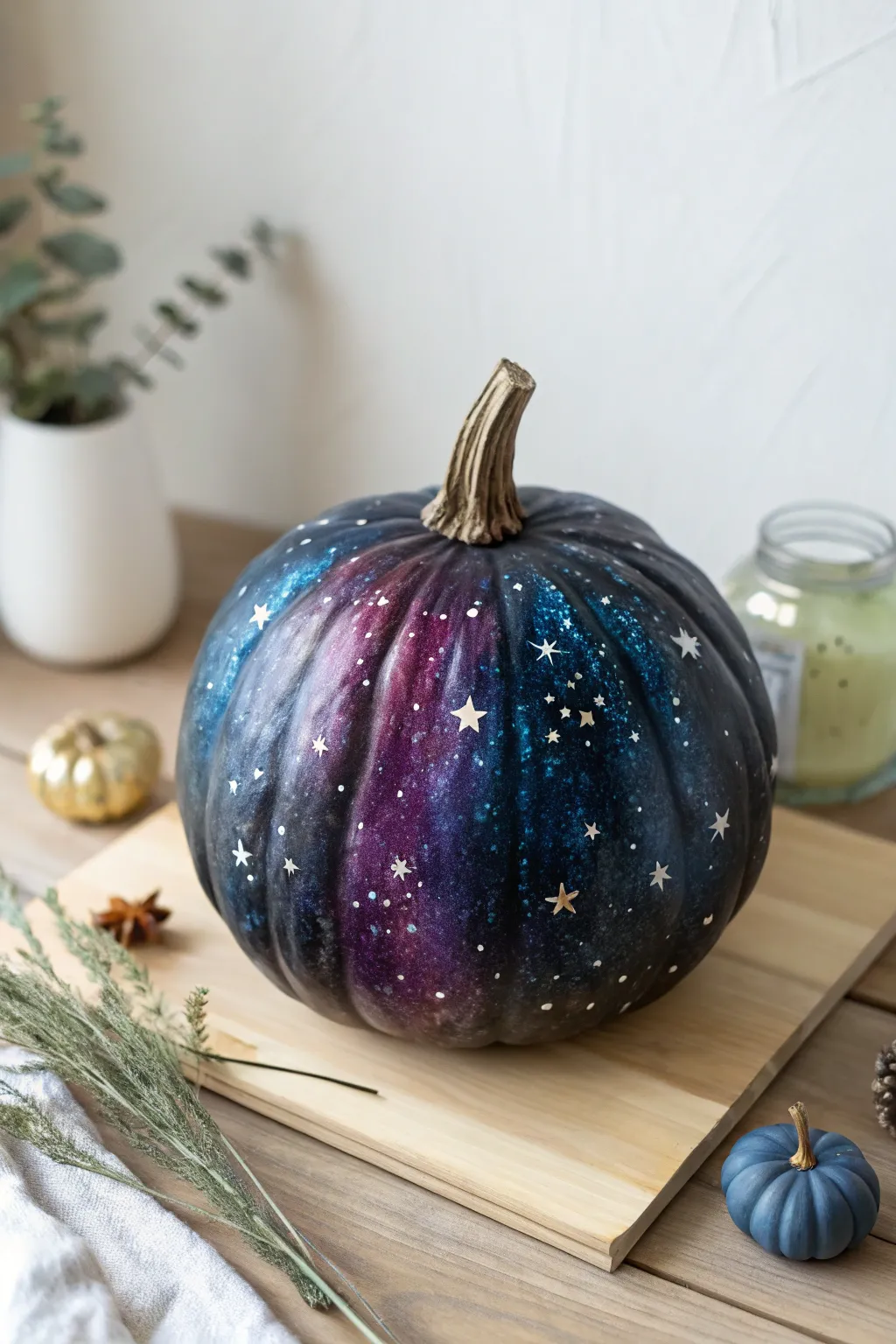 Bring the cosmos indoors with this enchanting galaxy pumpkin, a perfect blend of simplicity and artistry.