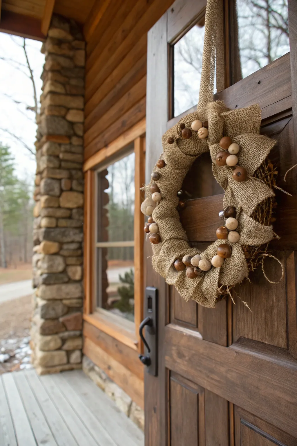 Wooden beads provide rustic charm to this burlap wreath.