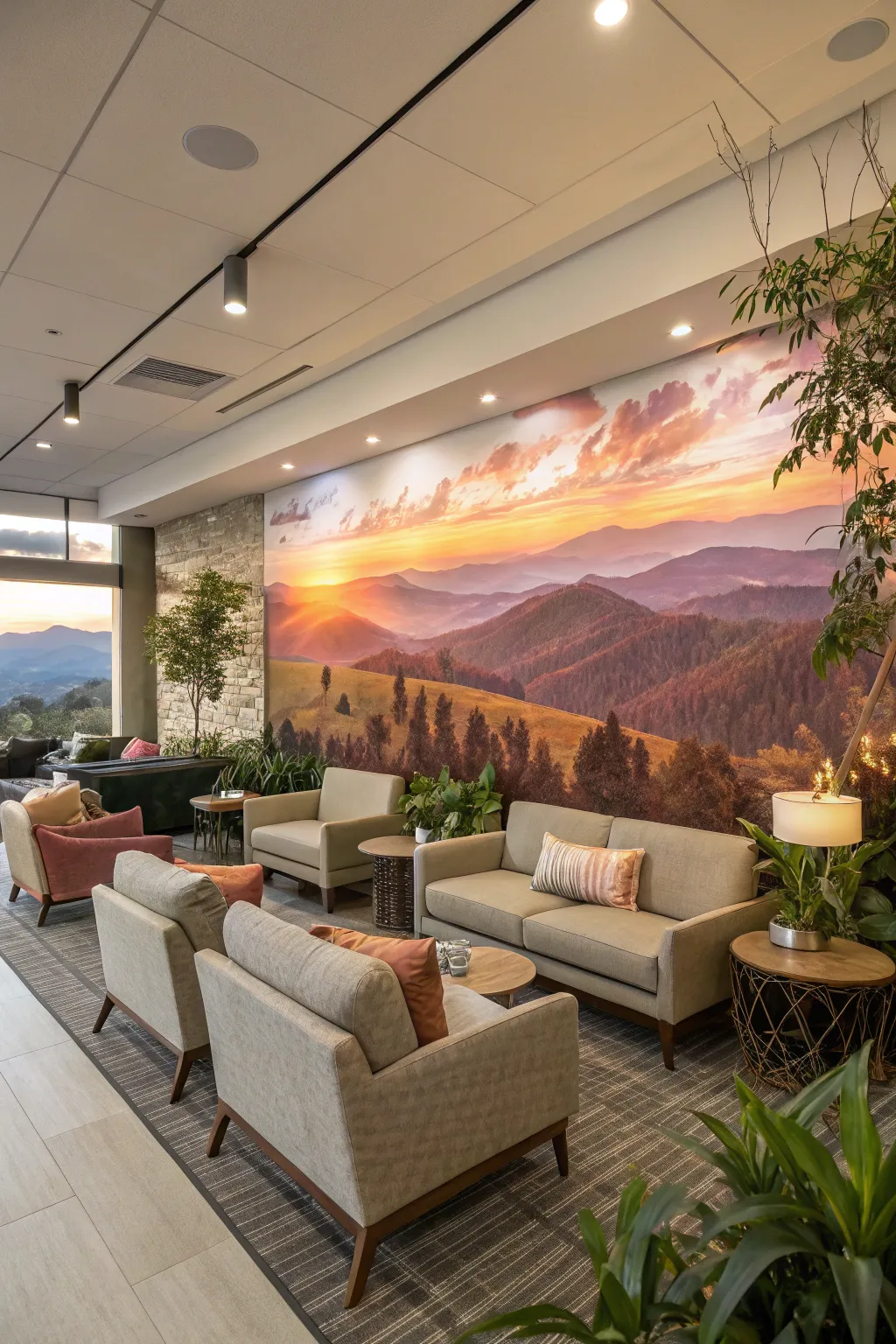 A relaxing lounge area with a mural of a golden sunset.