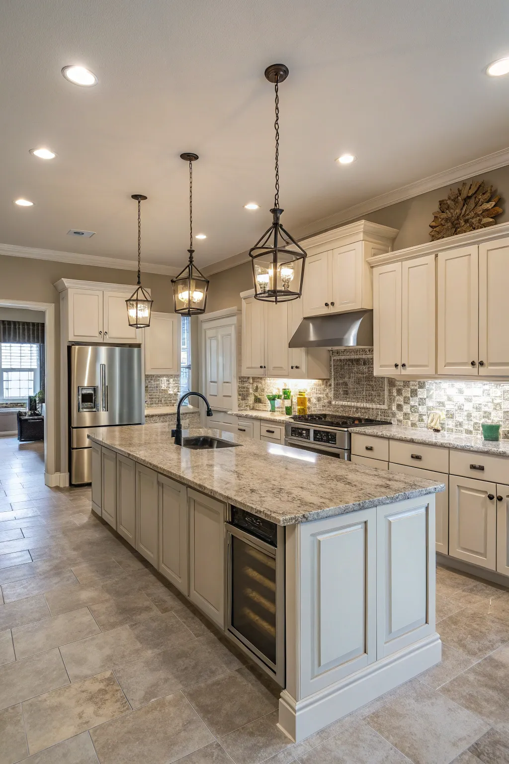 A kitchen layout with a stone island that achieves symmetry and balance.
