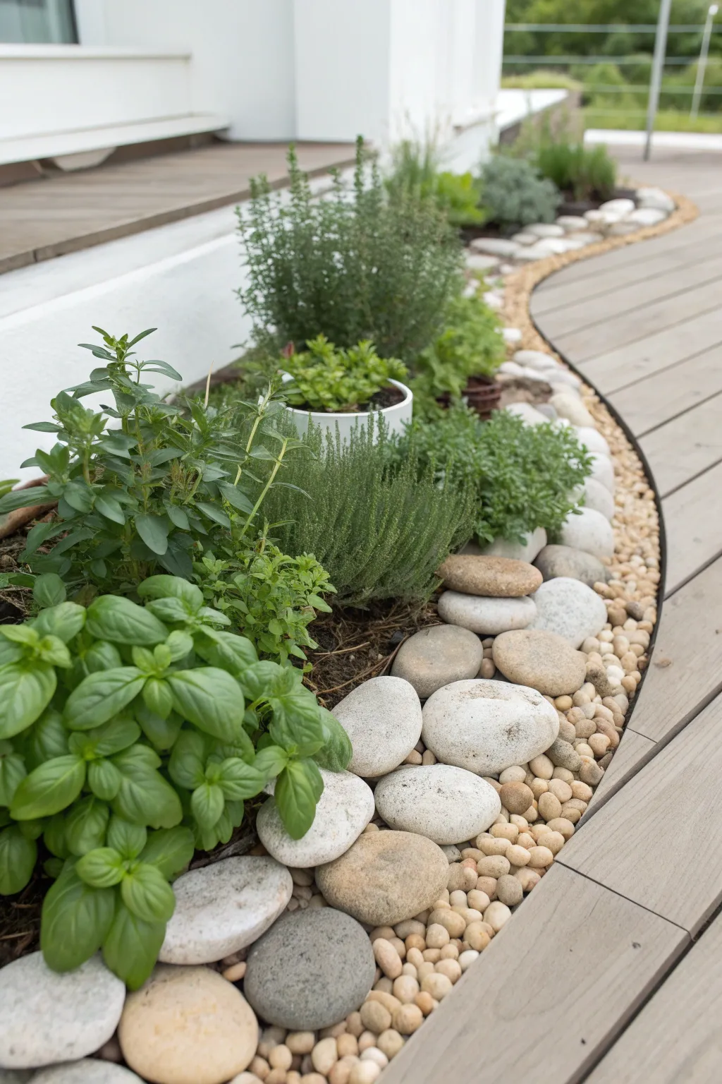 Enhance your patio with a charming stone-bordered herb garden, where simplicity meets natural elegance.