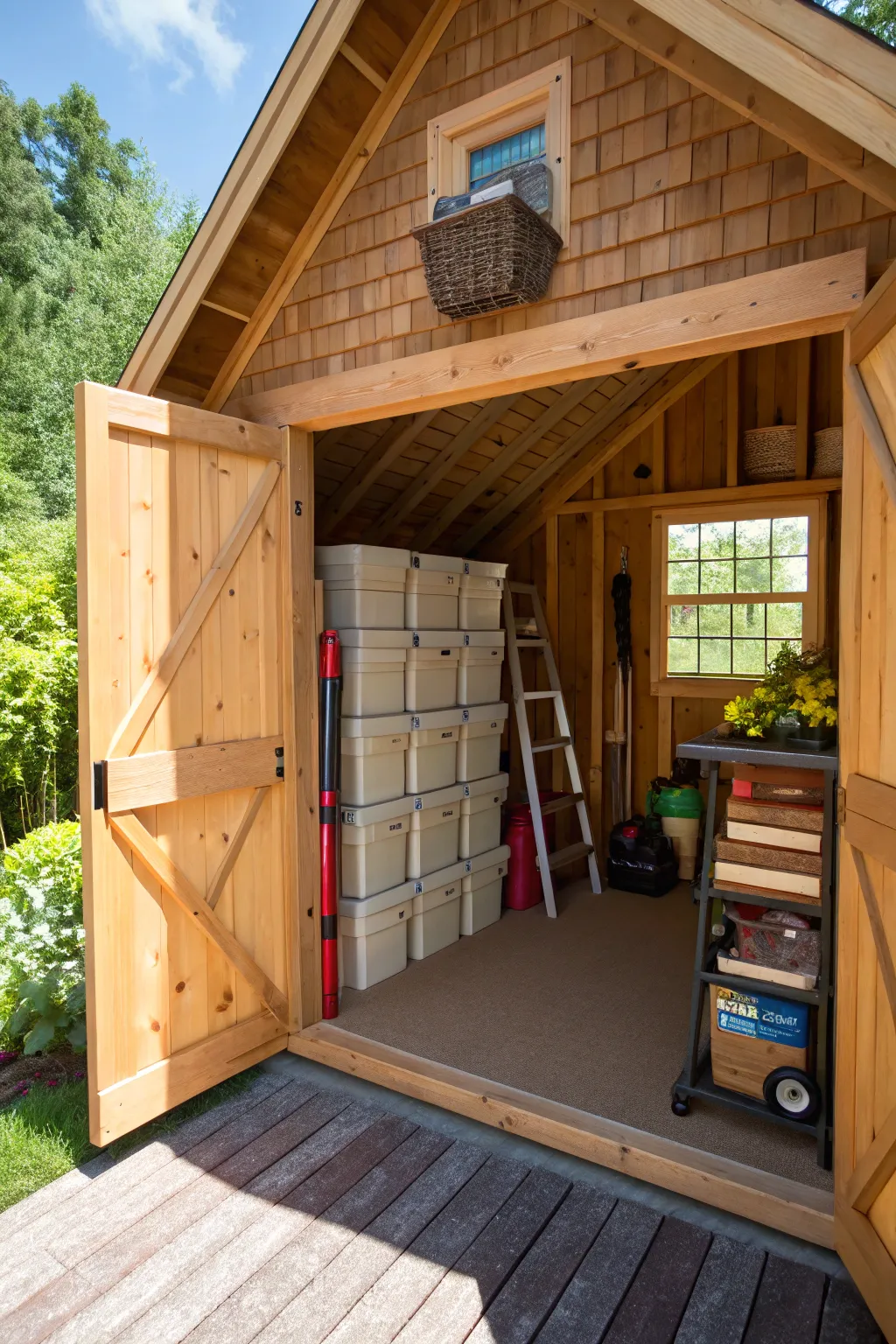 A loft adds valuable storage space to a shed.