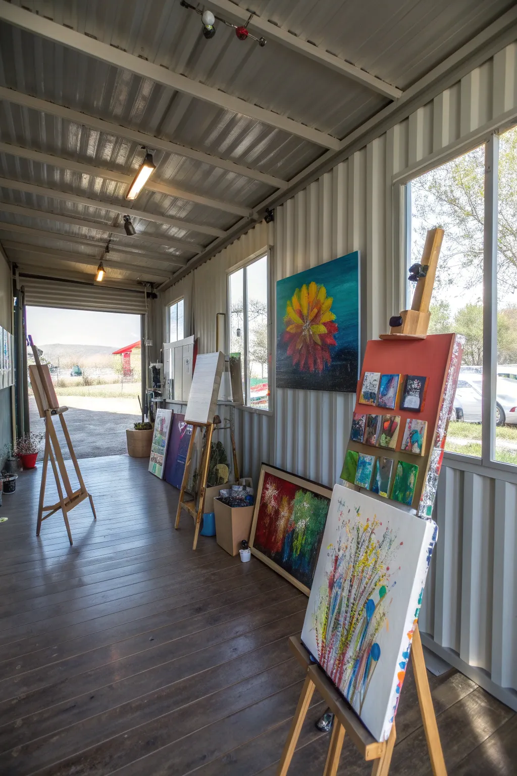 A shipping container turned into a vibrant art studio.