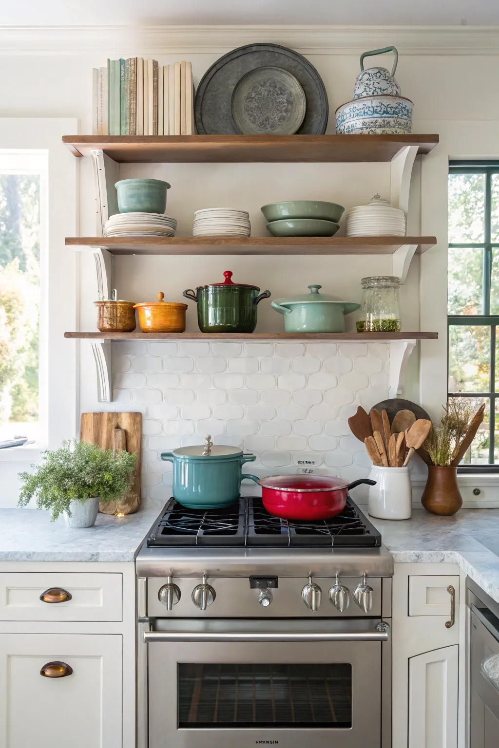 A sophisticated stove alcove with open shelving, perfect for displaying stylish kitchen items.