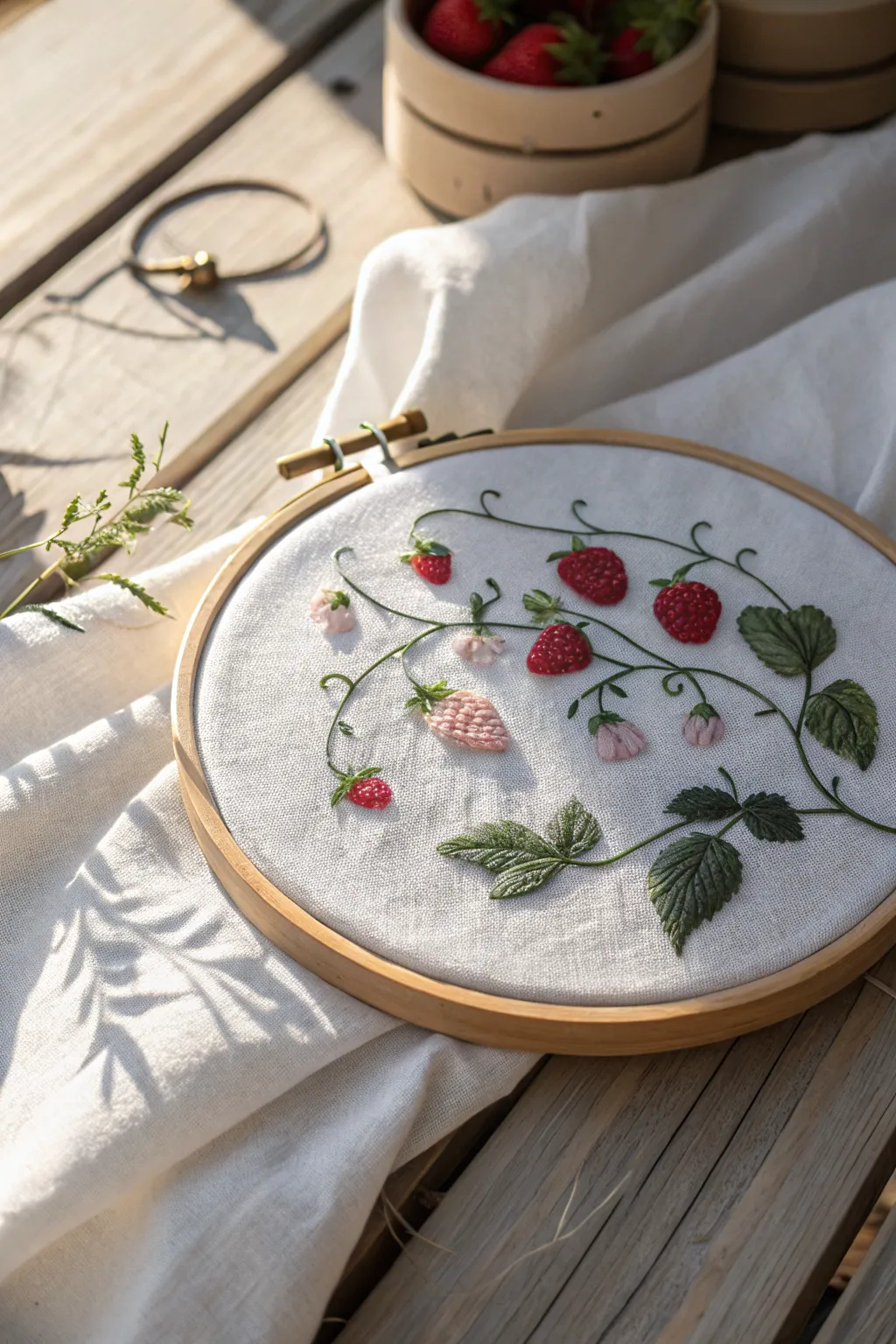 Embrace simplicity with a touch of whimsy: Strawberry embroidery hoops for a charming wall display.