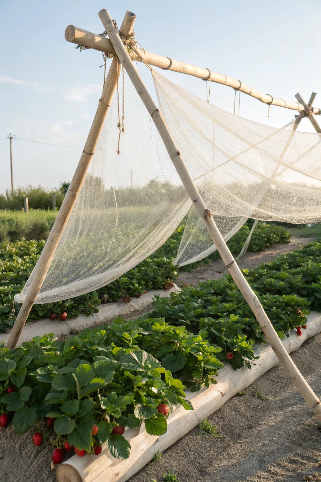 Elevate your strawberry garden with elegant suspended netting—where beauty meets function.