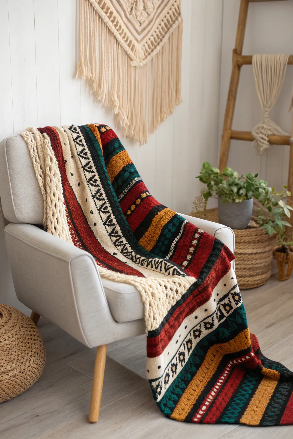 Infuse your space with warmth and culture through a striking crochet blanket featuring global motifs. #CraftedBeauty #CulturalPatterns