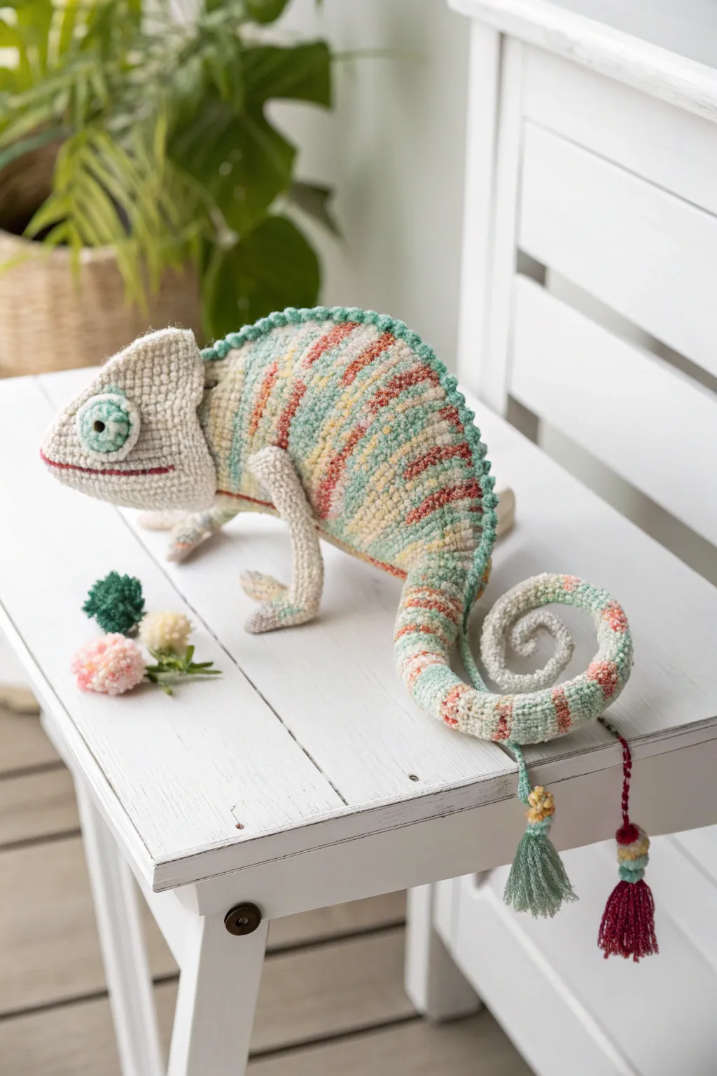 Embrace the art of adaptability with this charming chameleon plush, a masterpiece of color and craftsmanship.