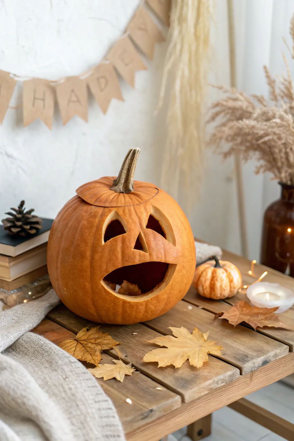 Unleash the laughter of autumn with this boldly carved pumpkin centerpiece!