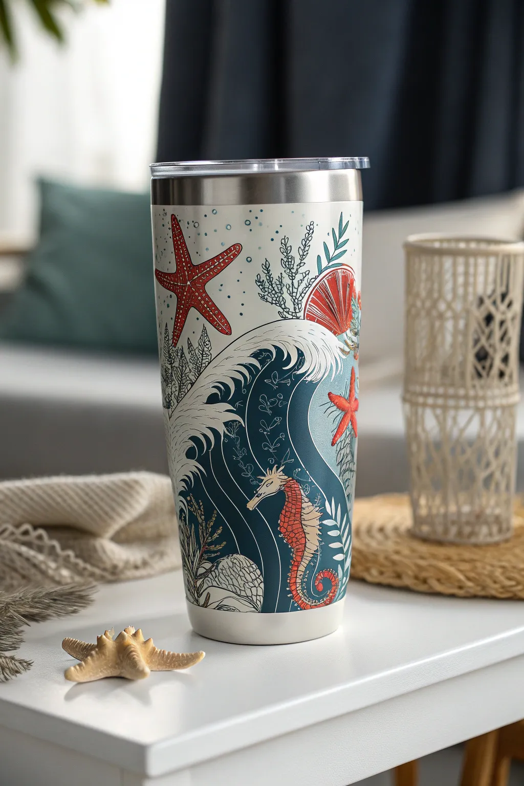 Sip into serenity with this ocean-themed tumbler, a splash of vacation in your day.