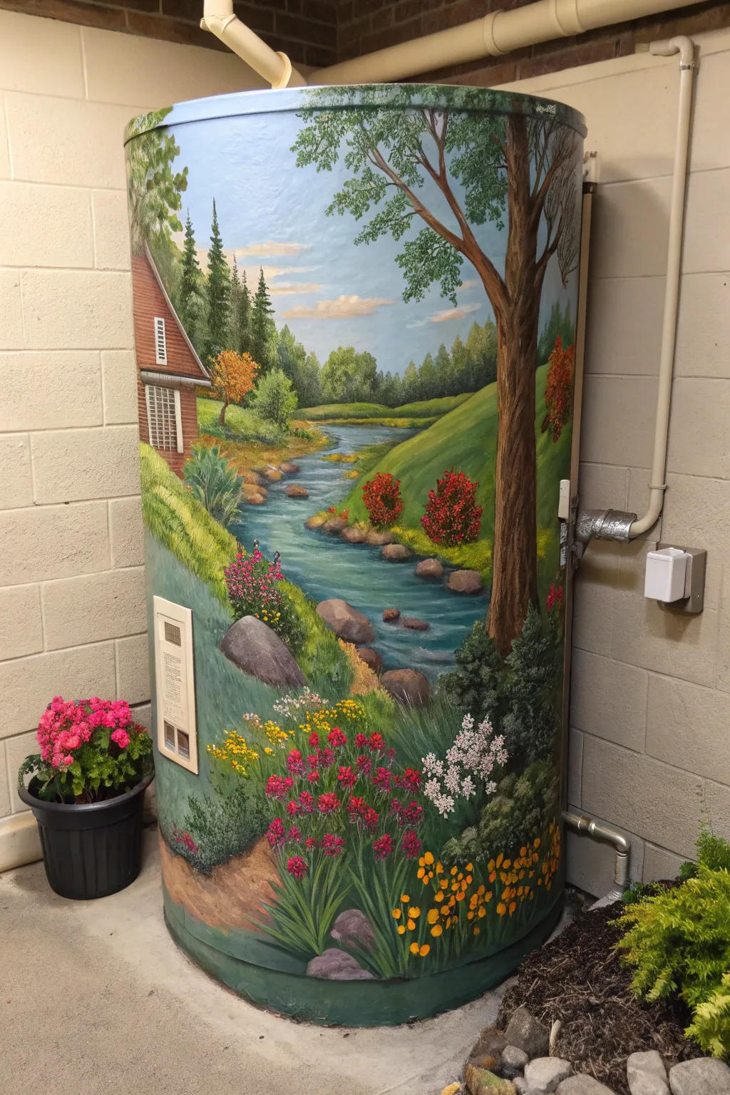 Transform your space with a stunning nature-inspired mural on your sump pump cover, combining functionality with artistic flair.