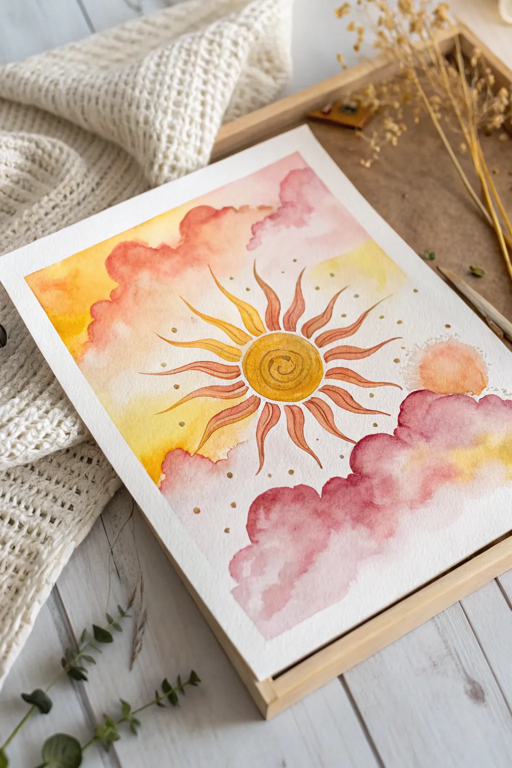 Capture the essence of sunlight with the fluid beauty of watercolors in this stunning sun painting.