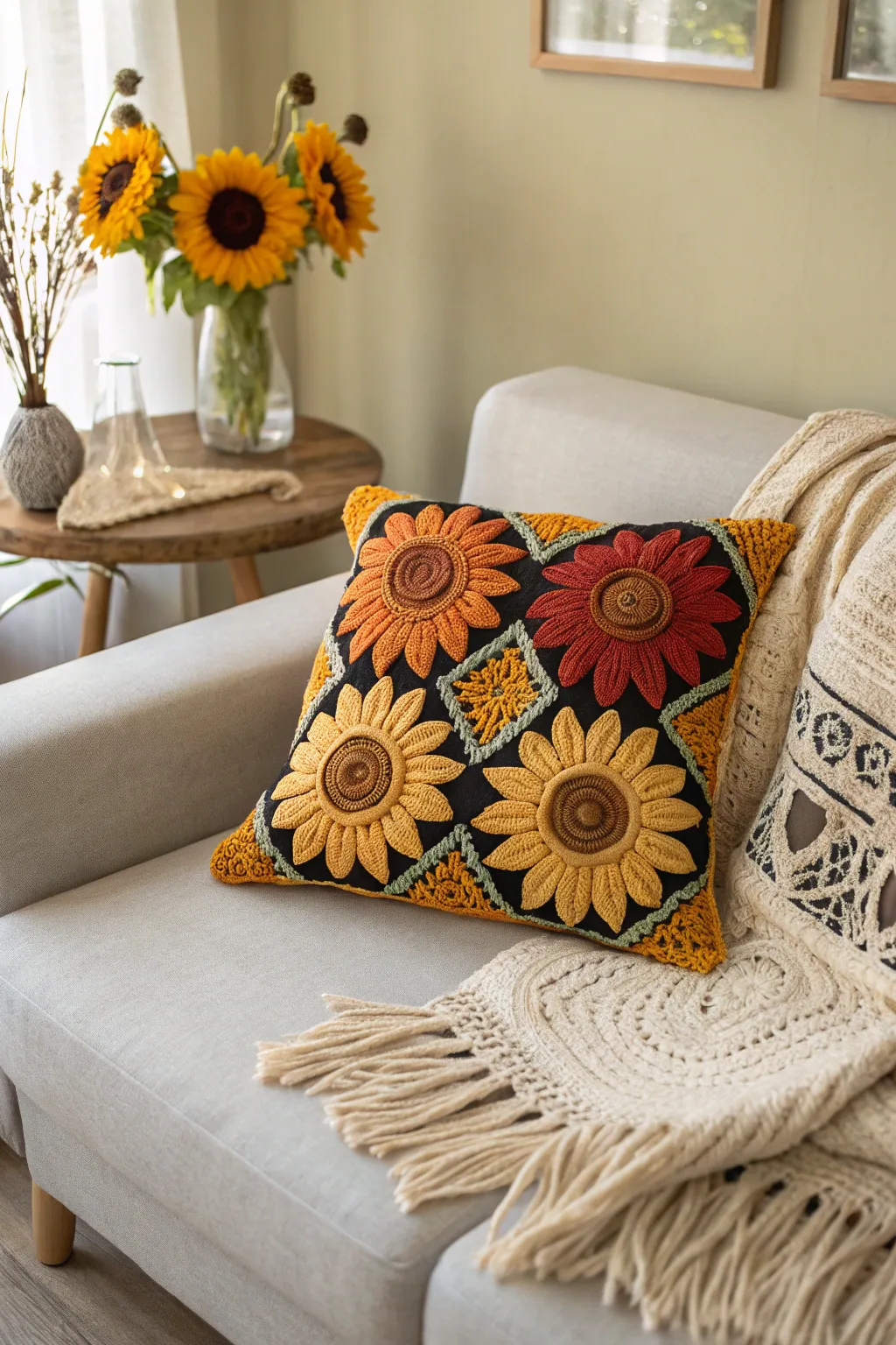 Brighten your space effortlessly with a handcrafted sunflower pillow that's both a comfort and a conversation starter.