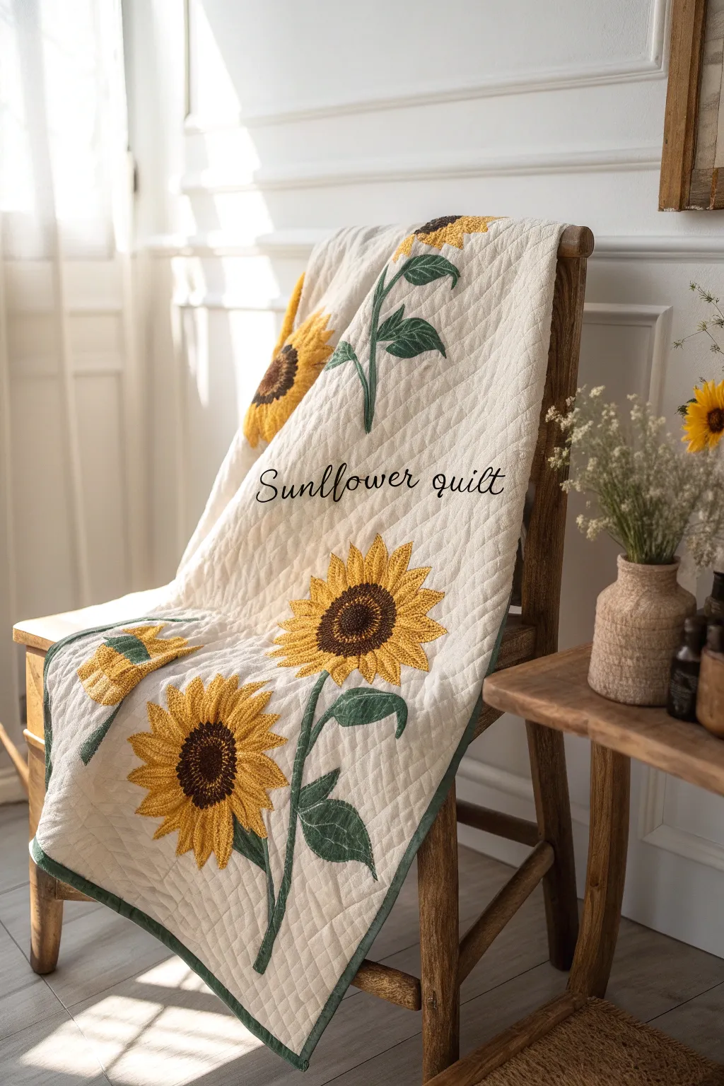 Embrace the warmth of personalized elegance with a sunflower quilt that tells your family's story.