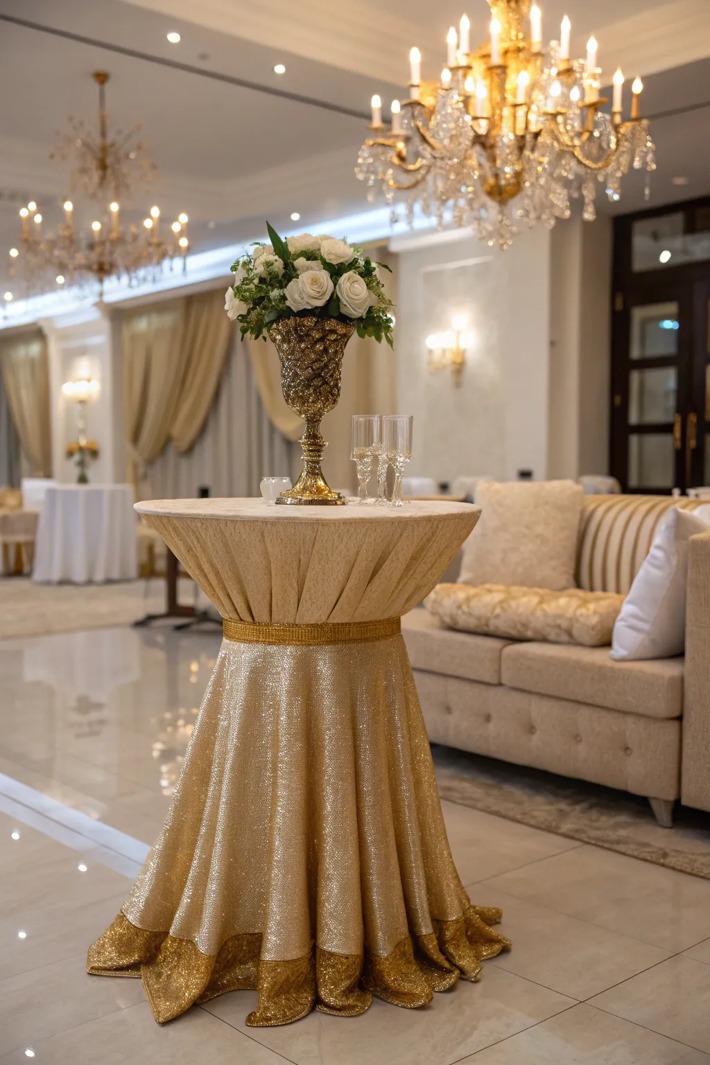 Gold accents bring a touch of luxury to table skirts.
