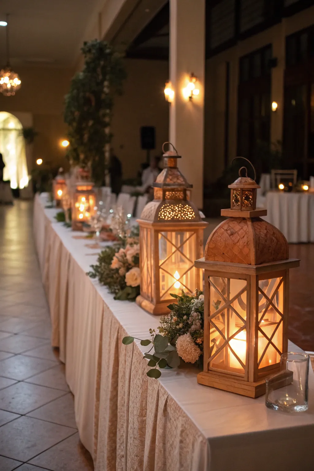 Terracotta-inspired lanterns add a romantic glow and rustic charm.