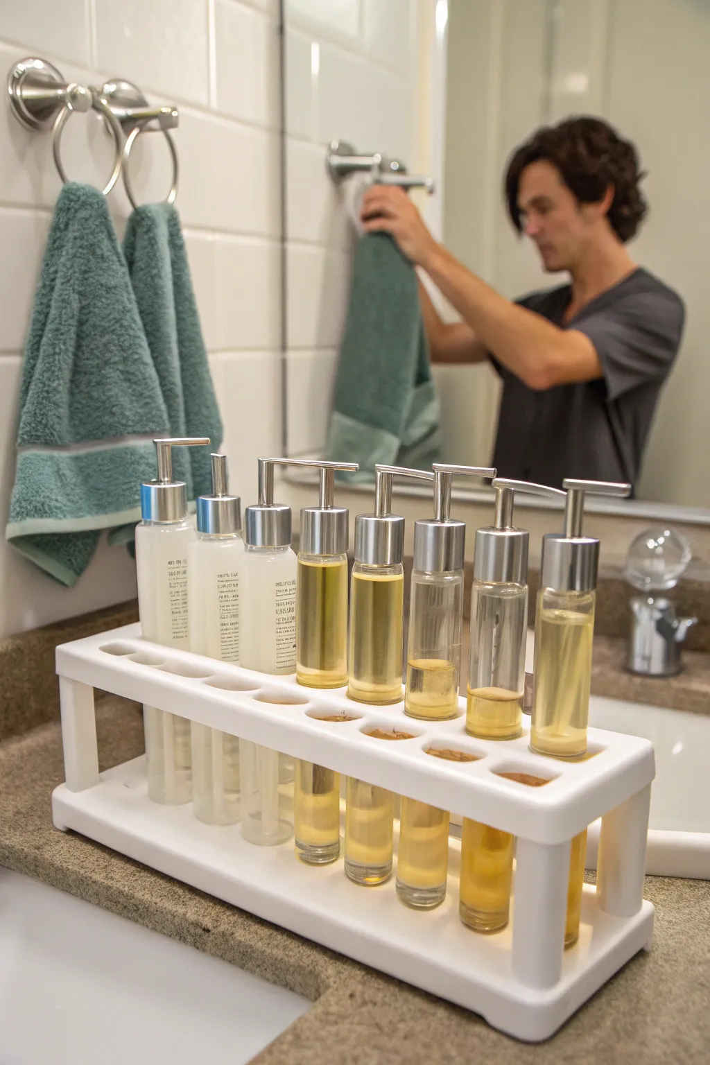 Chic test tube soap dispensers add a unique touch to any bathroom.
