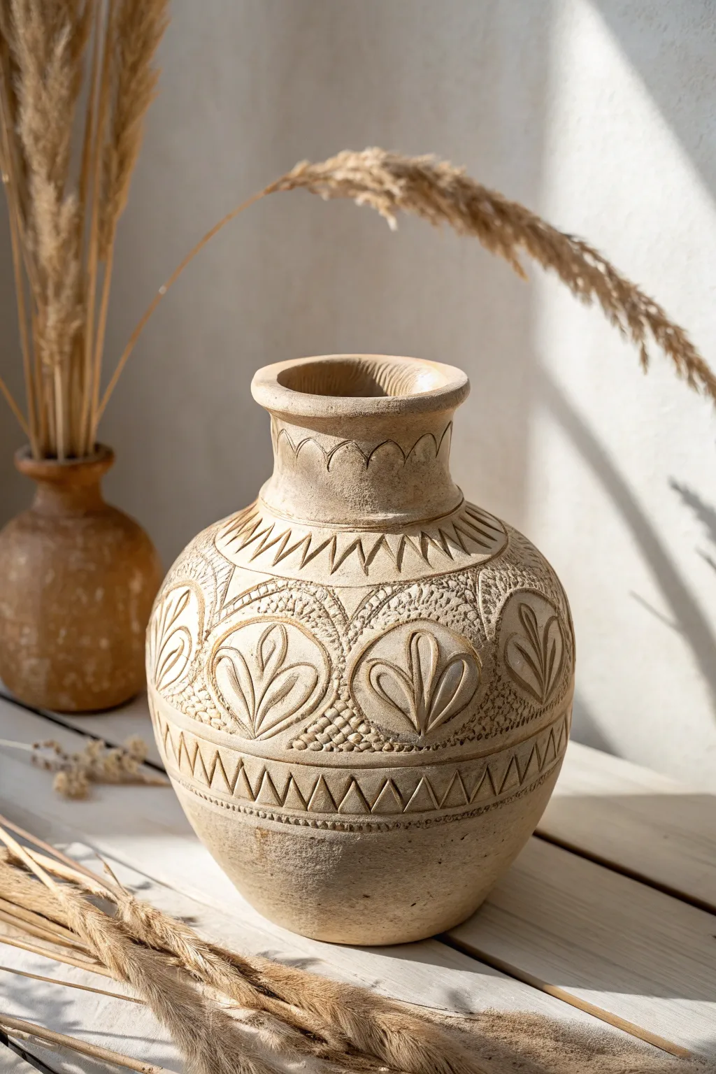 Discover the art of simplicity with this hand-carved clay pot, where craftsmanship meets natural beauty.