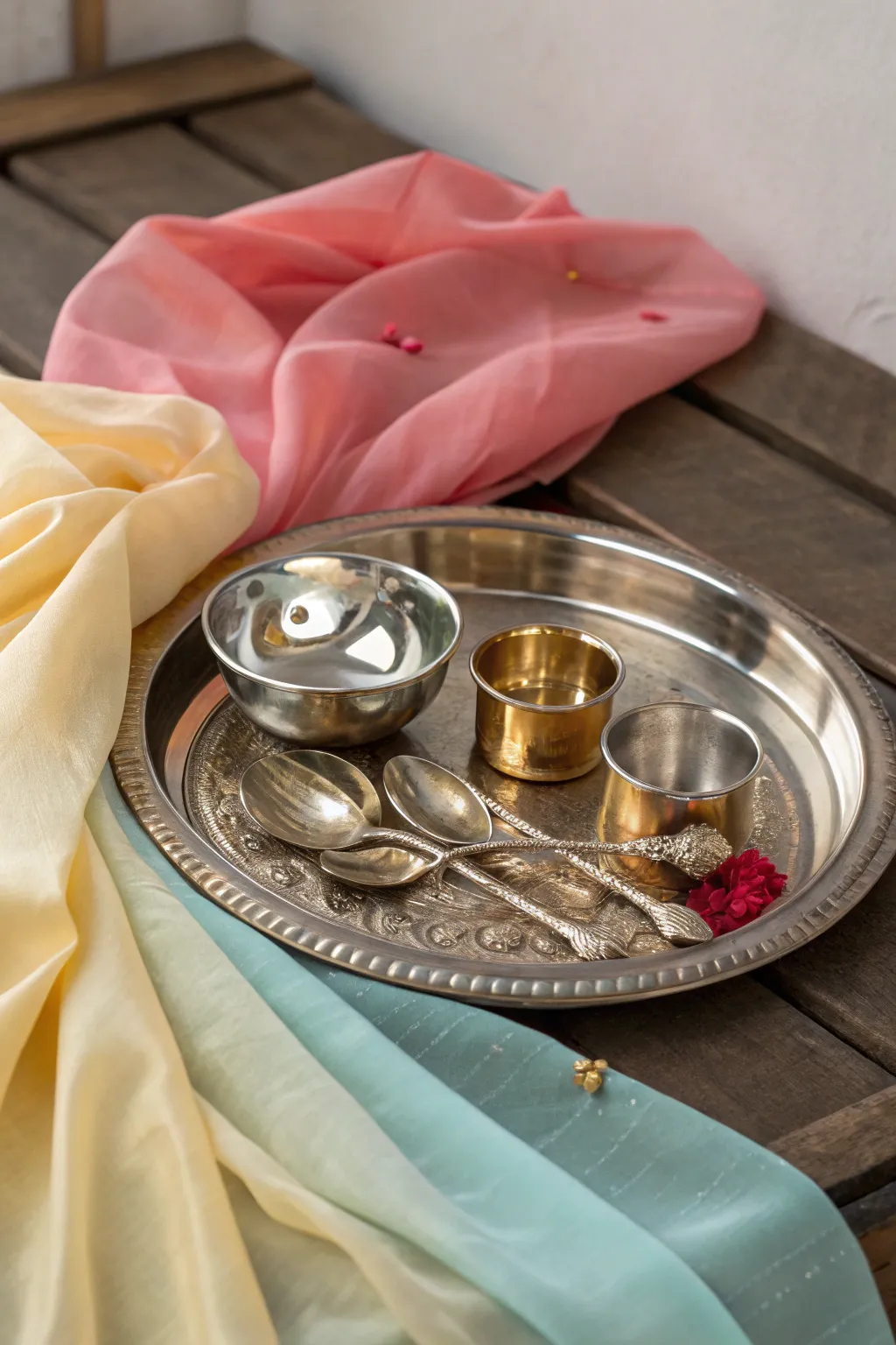 A thali that combines shiny metals with soft fabrics for a dynamic contrast.