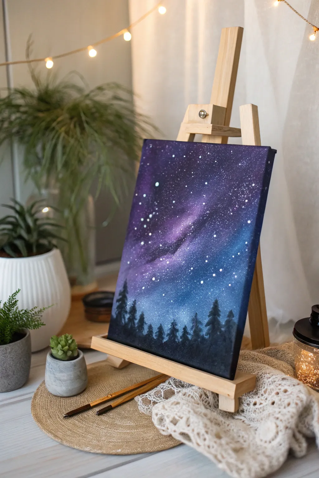 Capture the cosmos: A minimalist masterpiece of the mystical night sky, blending Scandinavian simplicity with Boho charm.