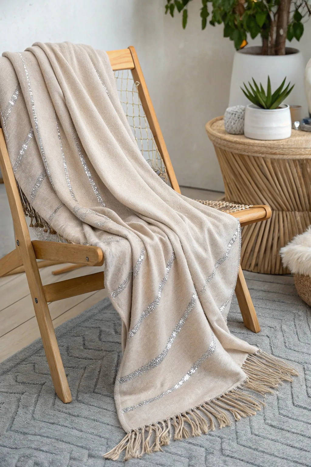 Cozy elegance: Add a touch of glamour to your space with a metallic-accented tie knot blanket.