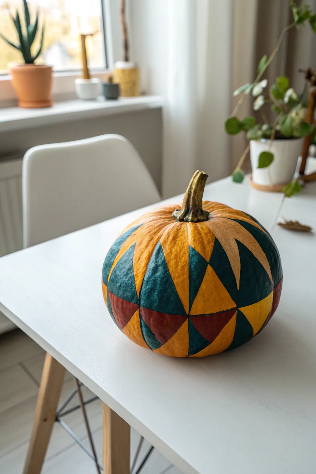 Transform tiny pumpkins into geometric gems with bold colors and shapes for a striking autumn centerpiece.