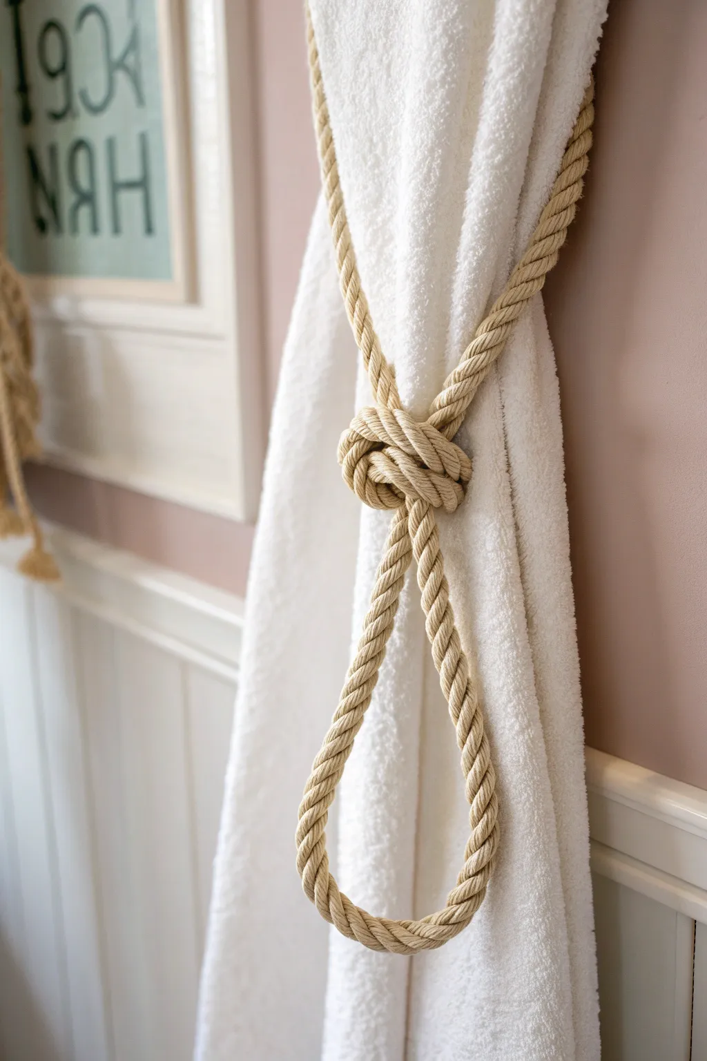 Embrace nautical elegance with this rope knot towel tie-back, where simplicity meets craftsmanship.