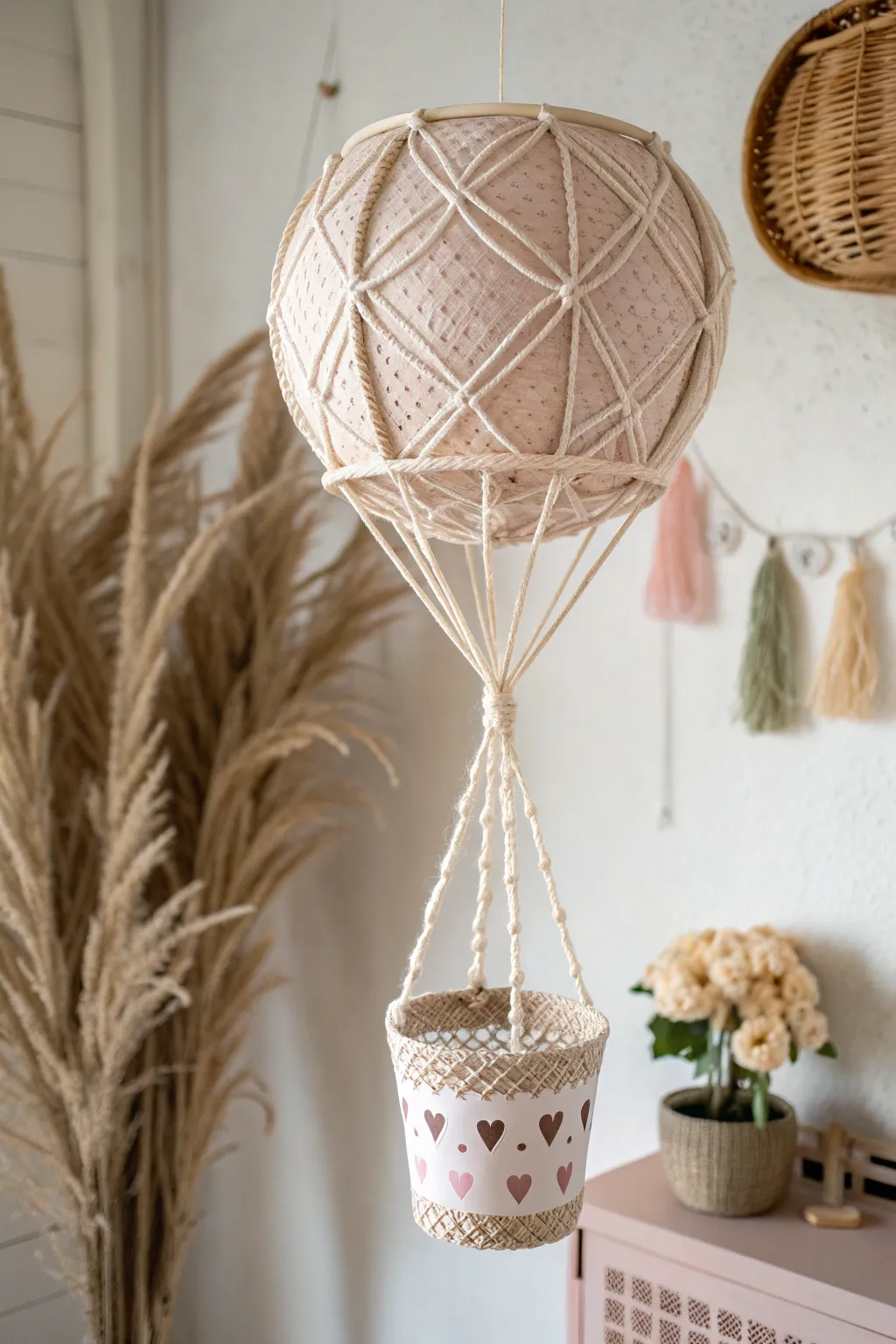 Whimsical elegance in every thread: A minimalist yarn balloon basket that elevates any space with its enchanting charm.