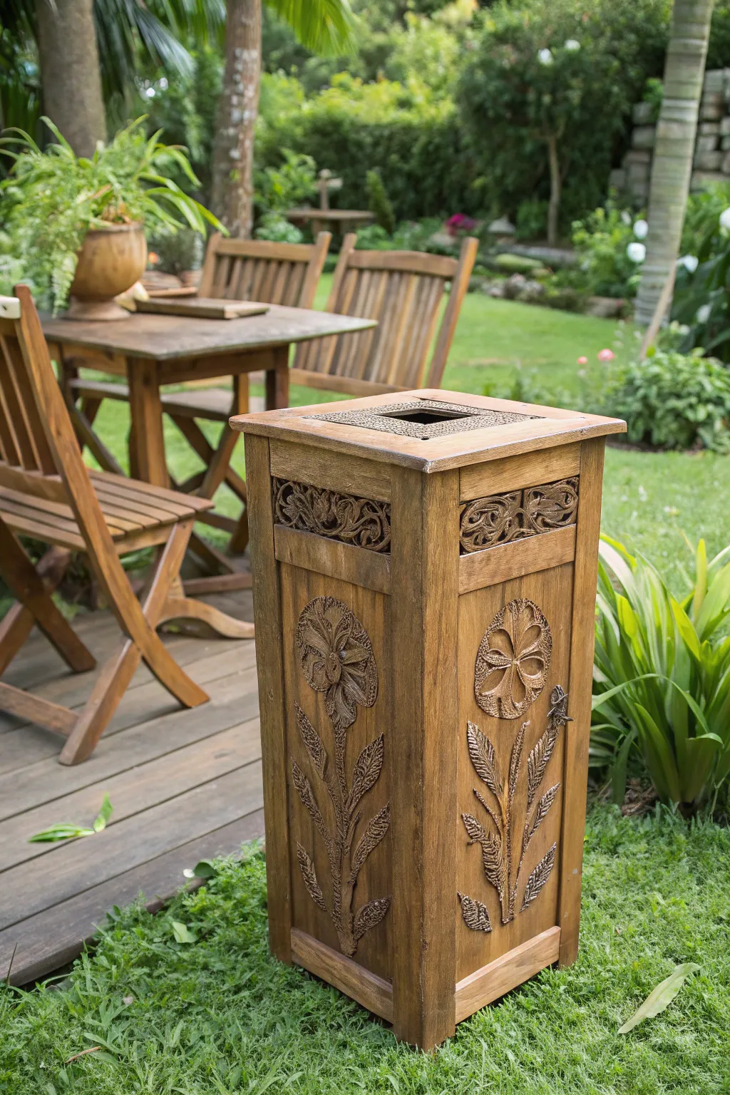 Elevate your outdoor space with a handcrafted touch: a trash can cover that complements your decor beautifully.