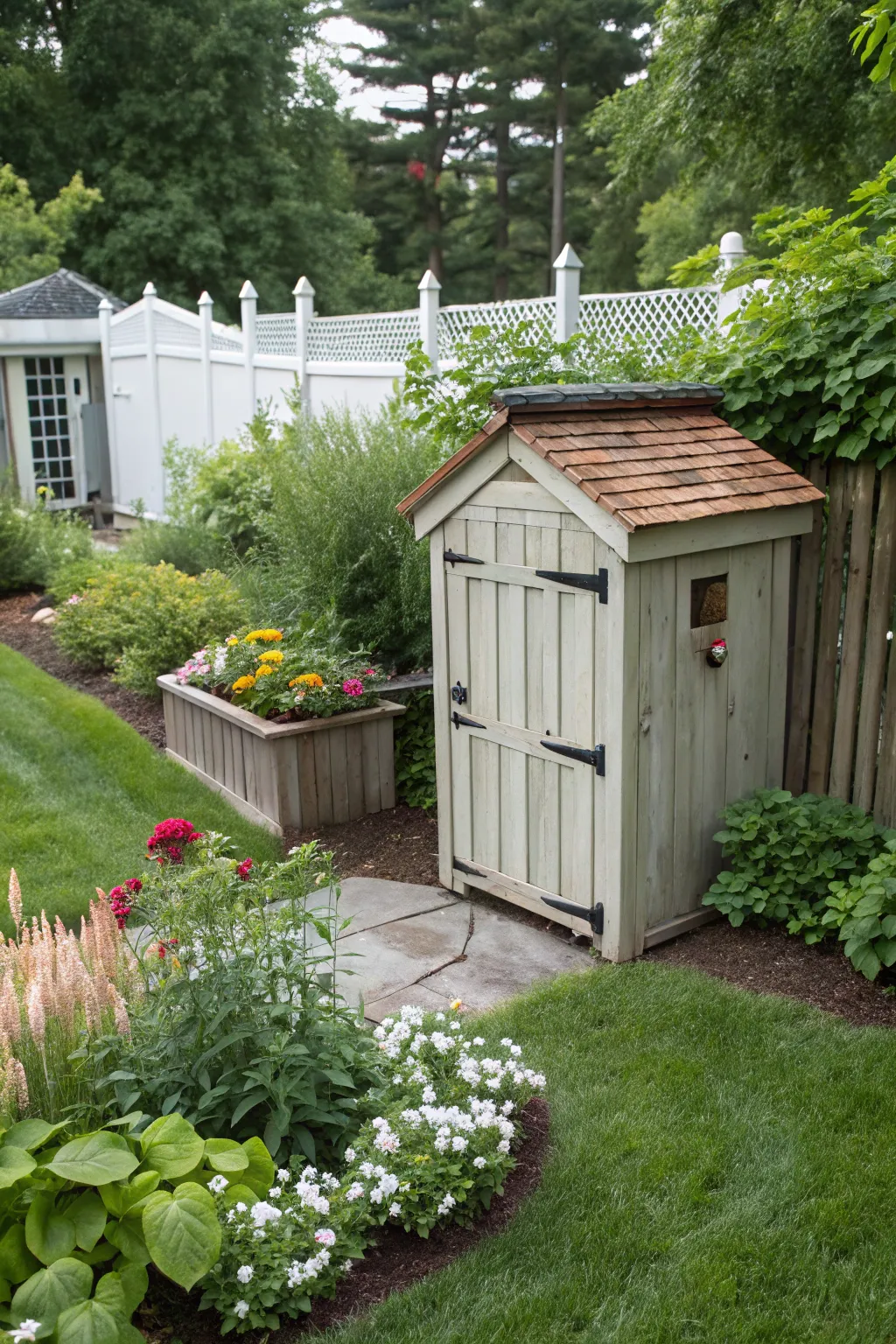 A garden featuring a mini shed cleverly storing trash bins.