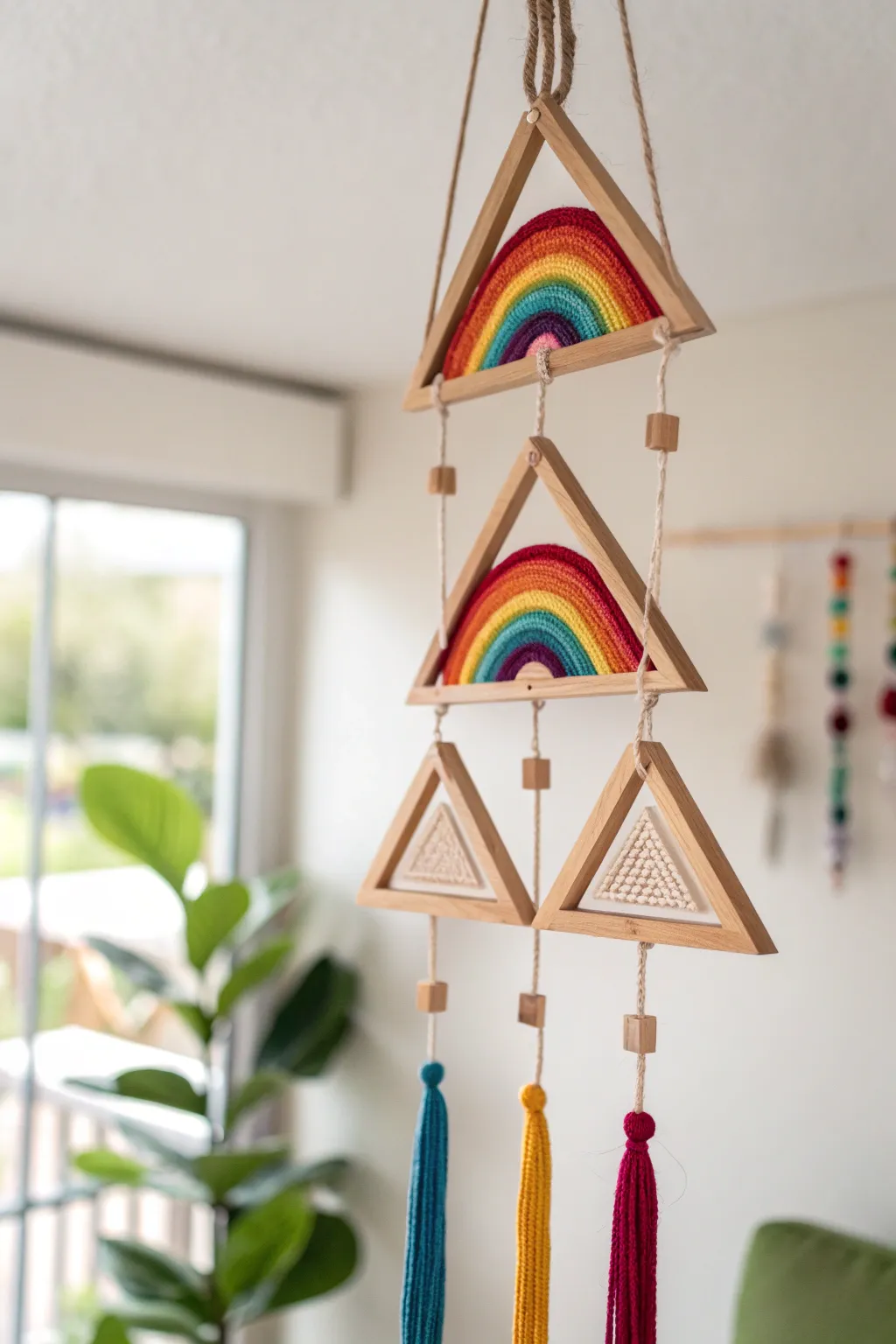 Add a splash of color and joy to any room with this stunning triangle rainbow mobile, where simplicity meets bold beauty.