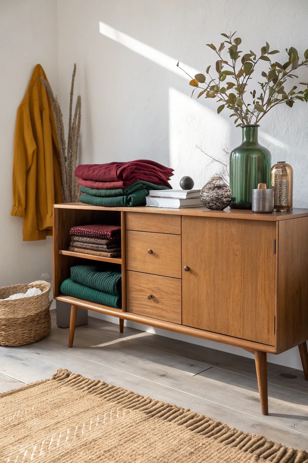 Elevate your space with a curated t-shirt display on a vintage sideboard, blending Scandinavian minimalism with boho charm.