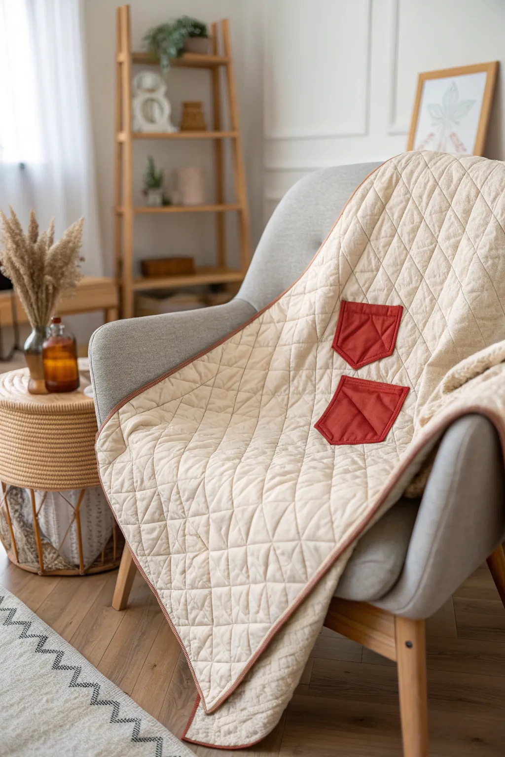 Add a personal touch to your quilt with vibrant pockets, perfect for keeping memories close. #ScandinavianStyle #QuiltDesign