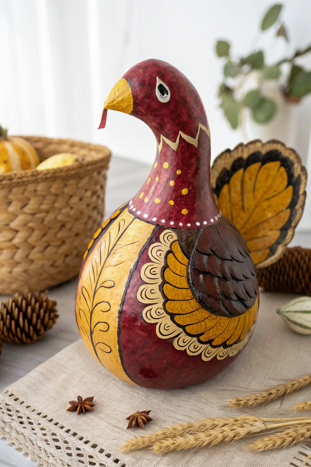 Transform your mantelpiece this season with a charming turkey gourd—where boho meets minimalist elegance.