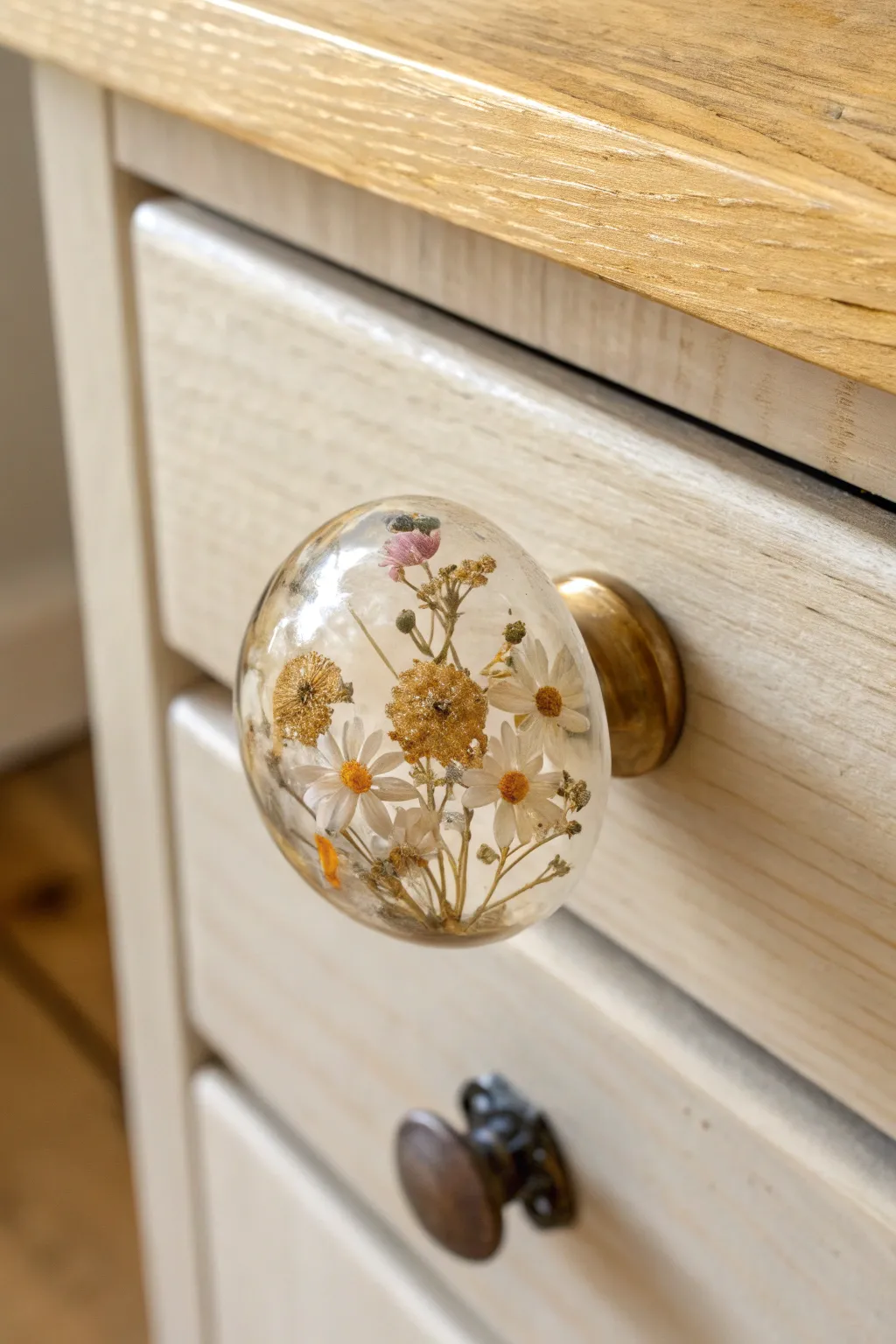 Elevate your decor with the enchanting allure of resin-embedded knobs - where simplicity meets natural beauty.
