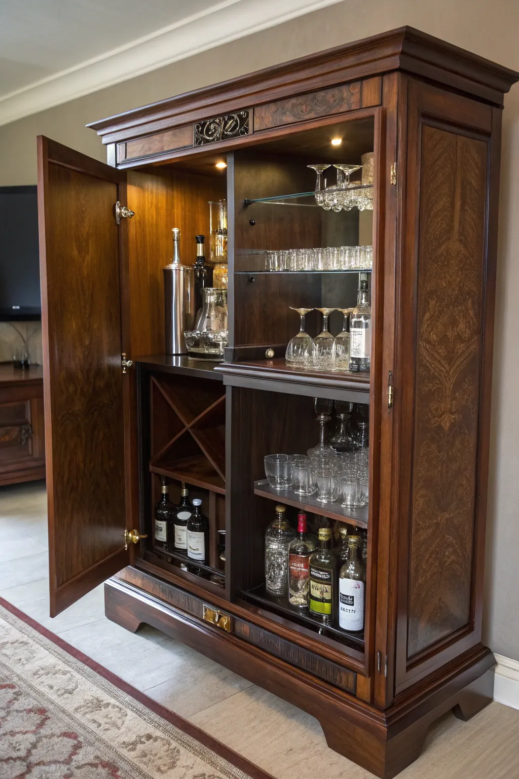 Transform nostalgia into sophistication with this elegant mini bar crafted from a vintage TV cabinet.