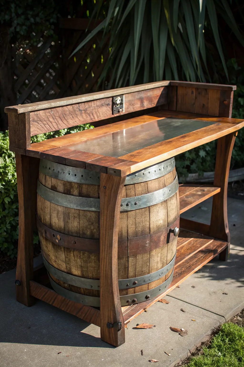 Transform tradition into style: Upcycled barrel bench for the perfect rustic potting station.