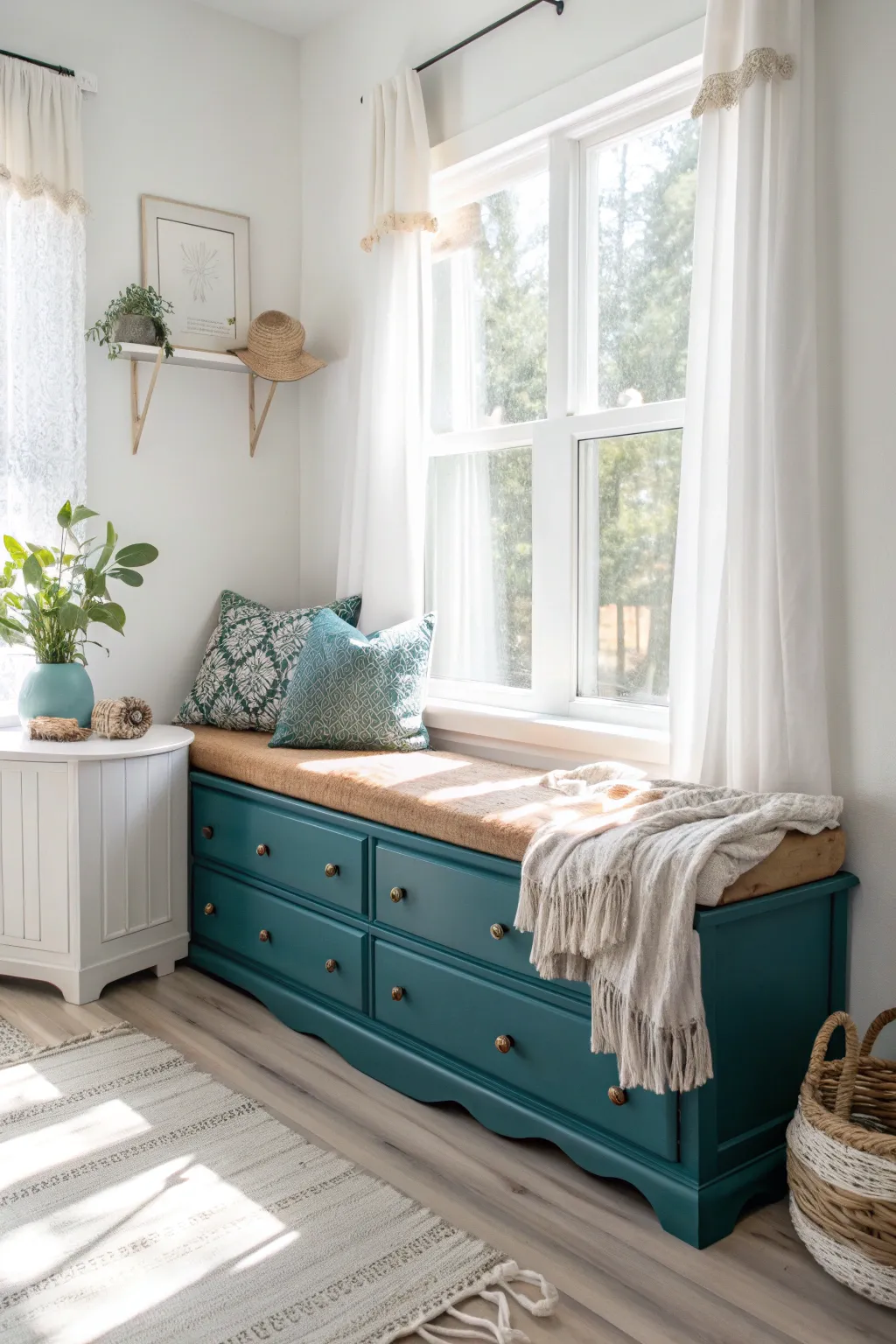 Transform your space with a chic upcycled dresser window seat — where style meets comfort!