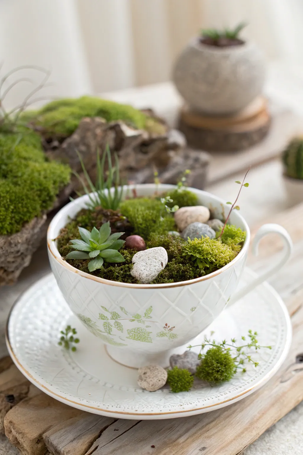 Bring nature's charm indoors with a Scandinavian-inspired teacup terrarium. Perfect for small spaces!