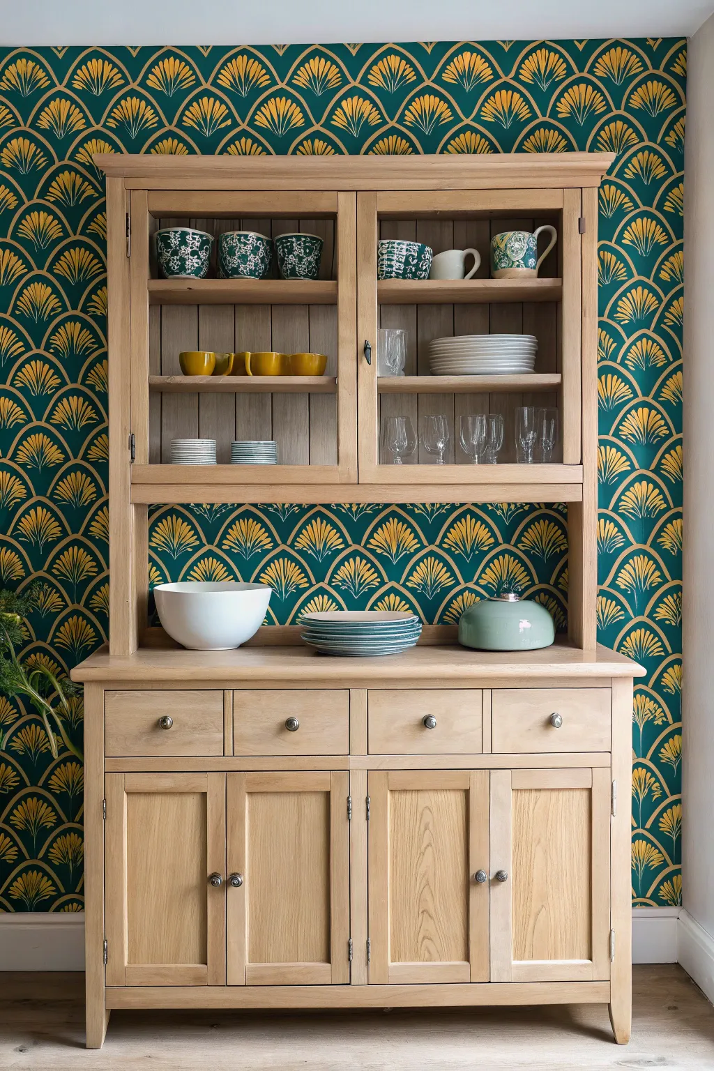 Transform your space with a touch of creativity: a chic hutch lined with vibrant wallpaper for a stunning display!