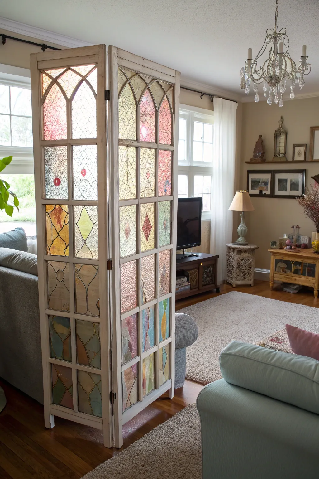 Old windows creatively repurposed into a decorative screen.
