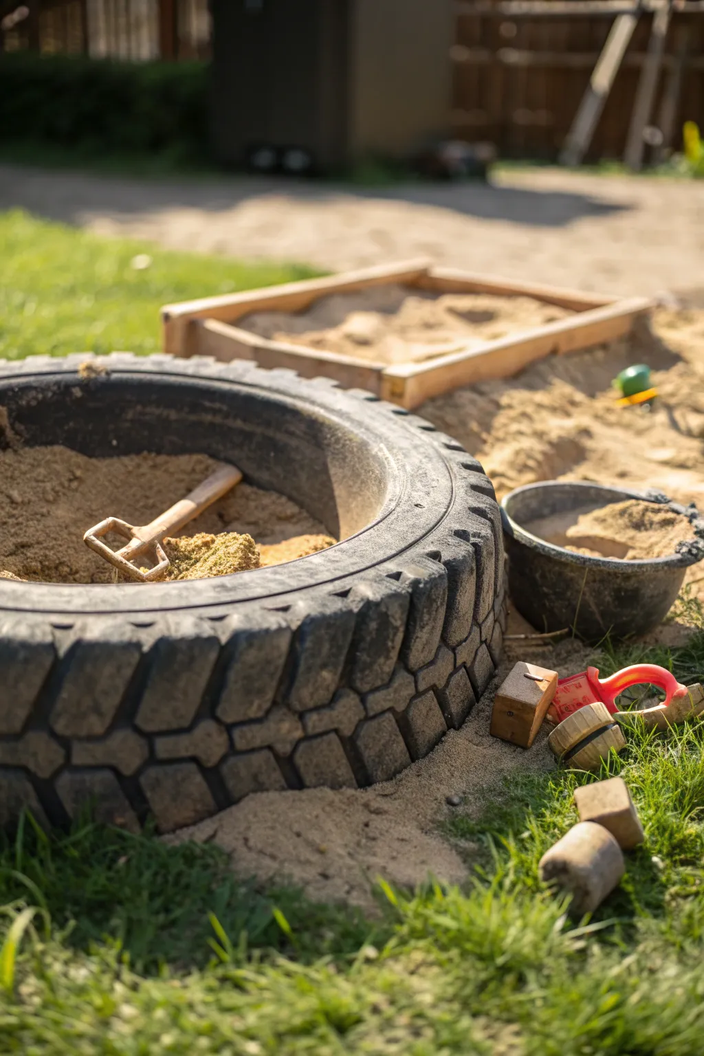 Transform old into gold: a rustic tire sandbox for endless playtime adventures.