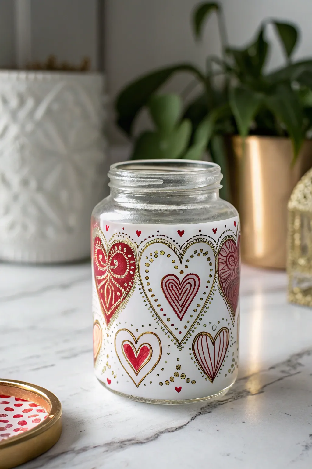 Celebrate love with handcrafted elegance: a Scandinavian-inspired heart jar painted with bold colors.