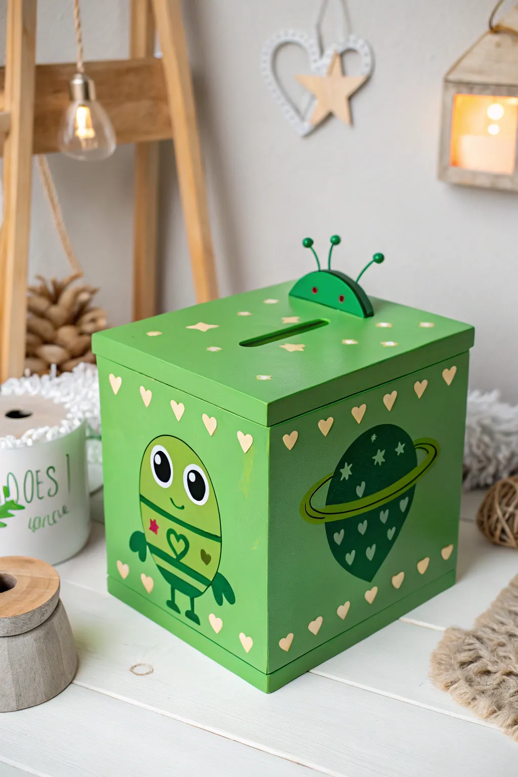 Blast off into fun with this charming alien-themed Valentine's box!