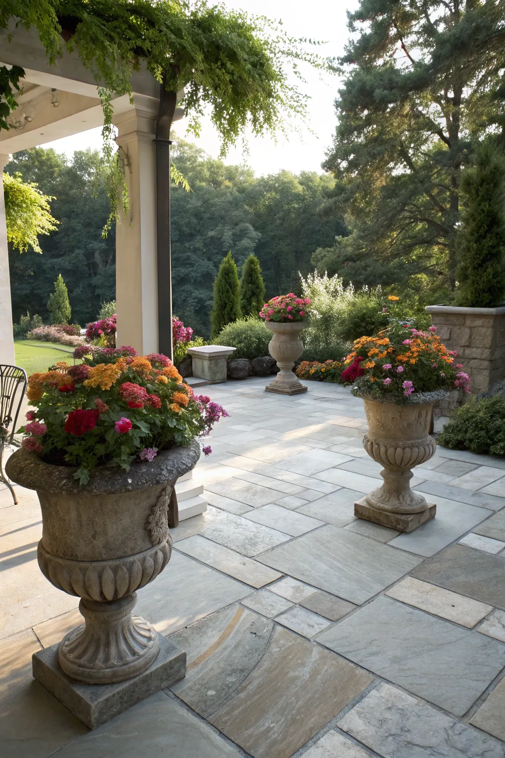 Outdoor storage transforms vases into charming garden decor.